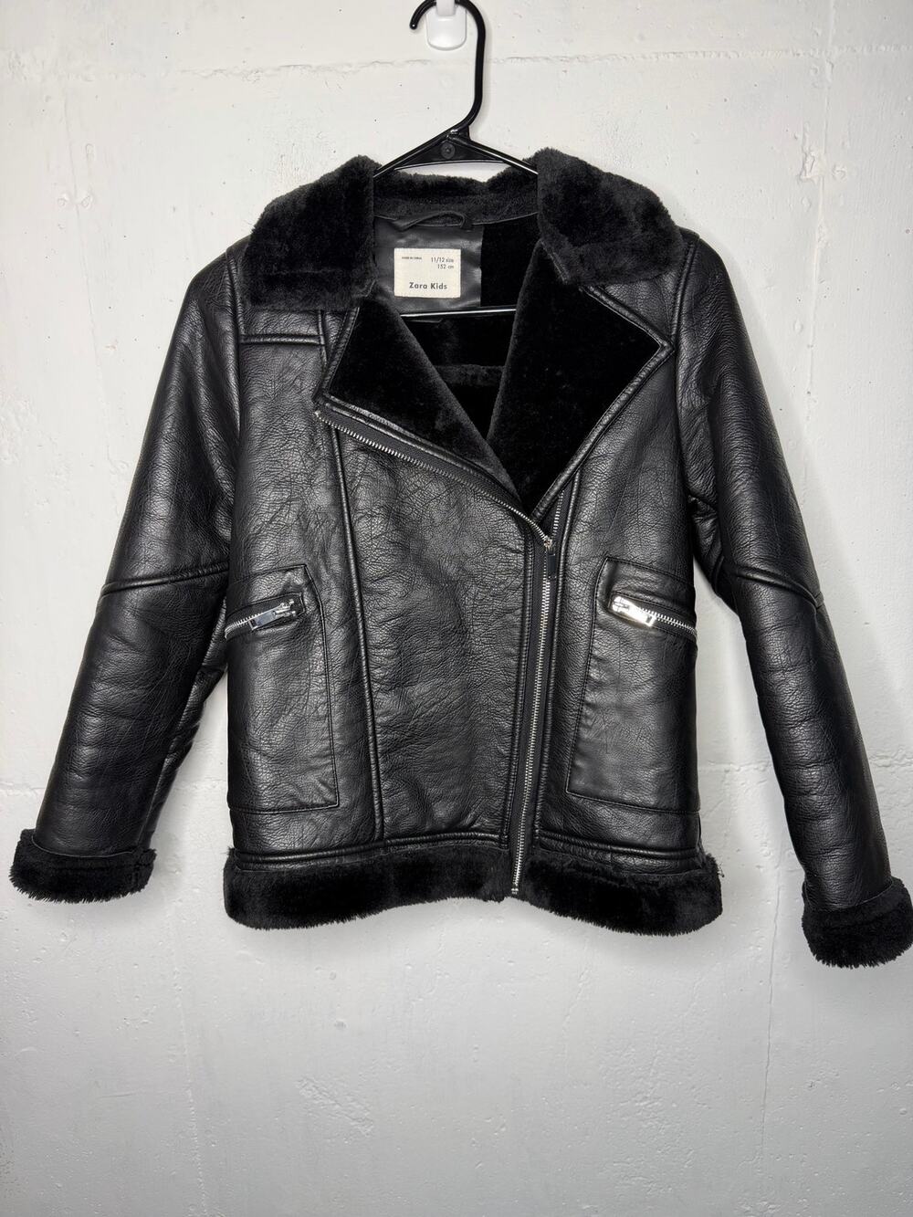 Zara Girls Faux Leather and Fur Jacket Black Size 11/12